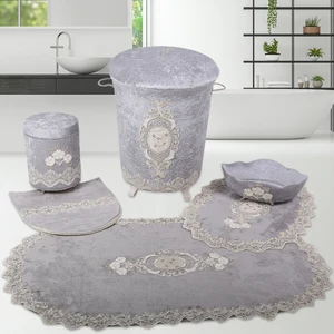 Bonny Home Lisa Gri 6 Parça Fransız Dantelli Banyo Kirli Çamaşır Sepeti ve Banyo Paspası Seti