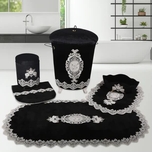 Bonny Home Lisa Siyah 6 Parça Fransız Dantelli Banyo Kirli Çamaşır Sepeti ve Banyo Paspası Seti