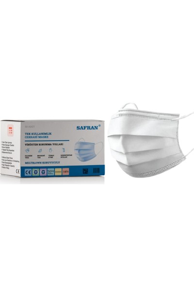 Safran Cerrahi Maske Beyaz, Meltblown Koruyuculu, Ultrasonik Gövde ve Burun Telli ( 50 Adet )