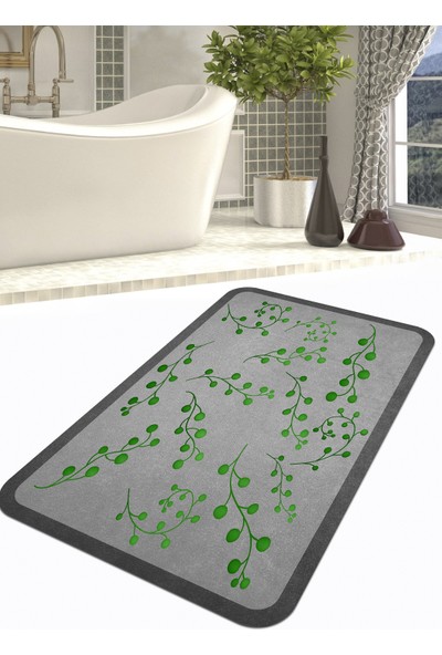 Ardizayn Yeşil Yaprak Desenli 70X120 cm Kaymaz Deri Taban Banyo Halısı, Paspası