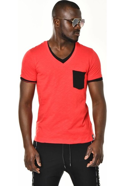 David&Gerenzo Kırmızı Mini Cep Detaylı V Yaka Basic T-Shirt