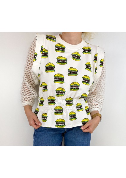 Kadın Krem Rengi Kolları Triko Baskılı Sweatshirt