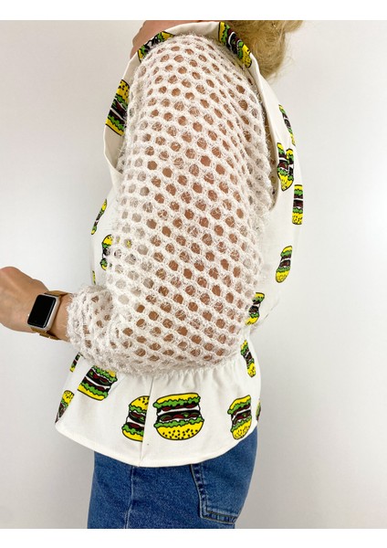 Kadın Krem Rengi Kolları Triko Baskılı Sweatshirt fiyatları