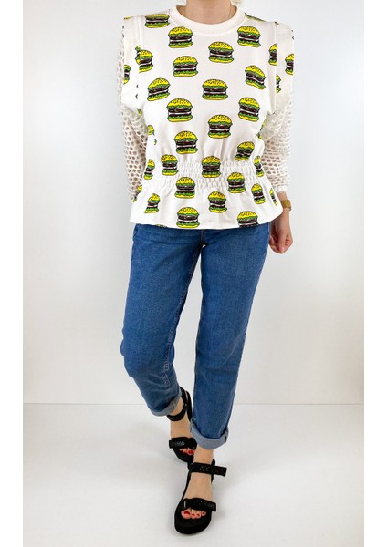 Kadın Krem Rengi Kolları Triko Baskılı Sweatshirt modelleri