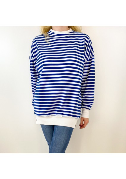 Kadın Beyaz Mavi Çizgili Sweatshirt