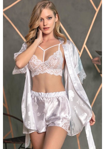 Kadın Saten 3 Lü Şortlu Bralet Gecelik Set / 4777