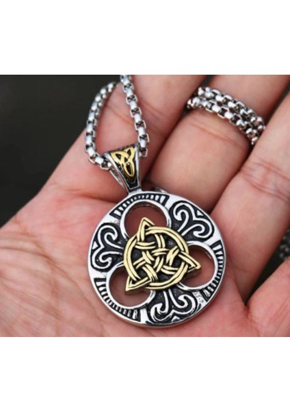Çelik Altın Renk Detaylı Triquetra Kelt Viking Kolye