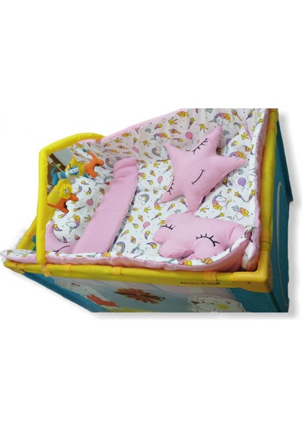 Pamuklu Park Beşik Bebek Uyku Seti 9 Parça (Beyaz Unicorn/düz Pembe)