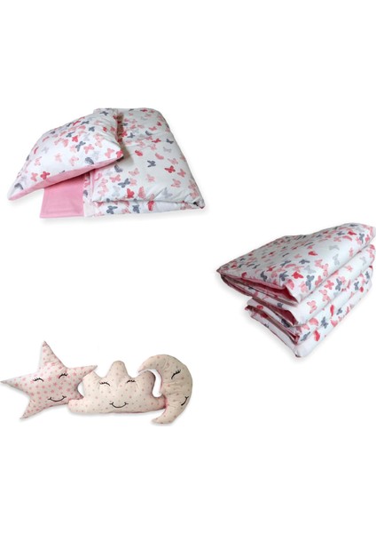 Pamuklu Park Beşik Bebek Uyku Seti 9 Parça (Kelebekli/düz Pembe)