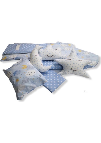 Pamuklu Park Beşik Bebek Uyku Seti 9 Parça (Mavi Bulutlu/yıldızlı)