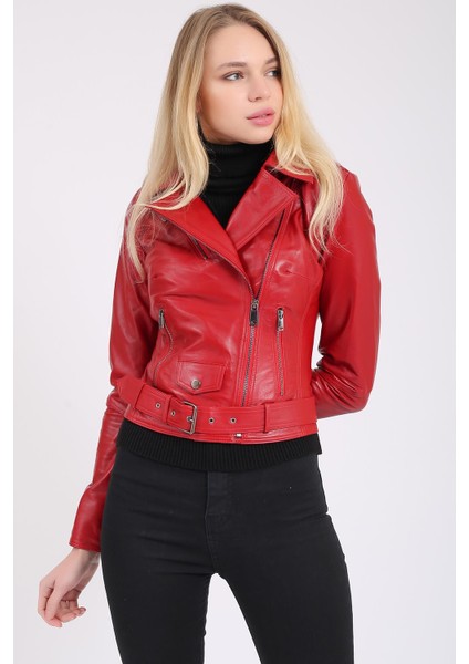 Kadın Kemerli Deri Biker Ceket