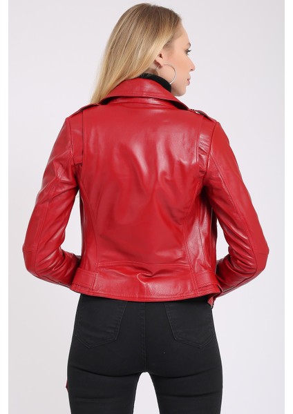 Kadın Kemerli Deri Biker Ceket
