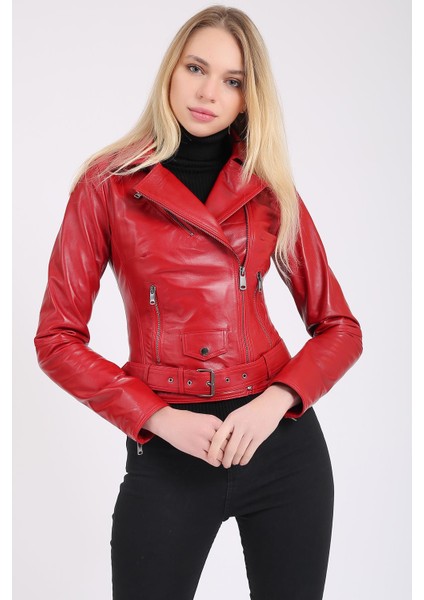 Kadın Kemerli Deri Biker Ceket