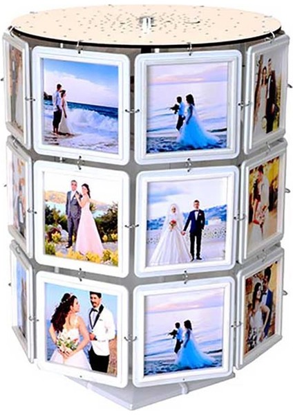Dönen 24 Fotoğraflı LED Işıklı Ay Yıldız Kolaj Abajur Gece Lambası