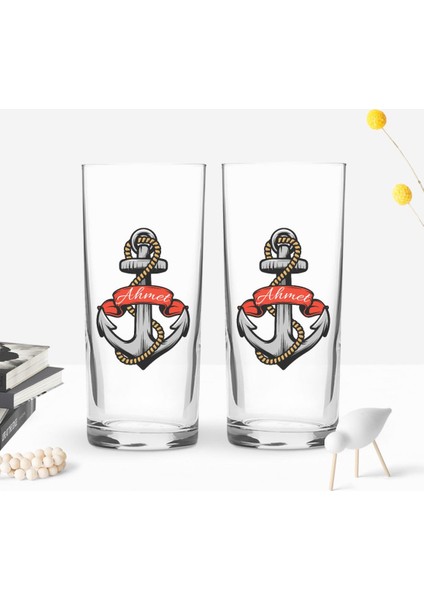 Kişiye Özel Renkli Baskılı Çapa Tasarımlı Ikili Rakı Bardağı Seti-3