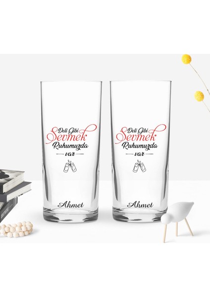 Kişiye Özel Renkli Baskılı Deli Gibi Sevmek Tasarımlı Ikili Rakı Bardağı Seti-1