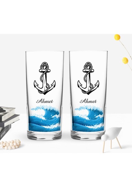 Kişiye Özel Renkli Baskılı Çapa Tasarımlı Ikili Rakı Bardağı Seti-2