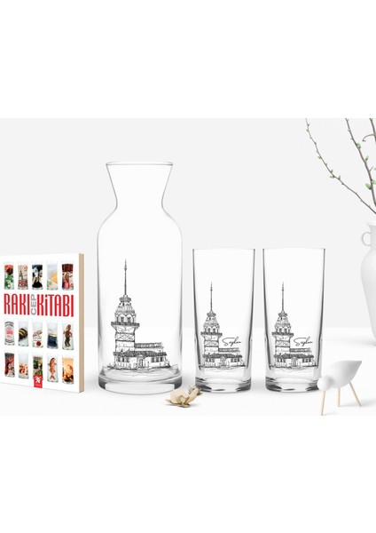 Kişiye Özel Renkli Baskılı Kız Kulesi Tasarımlı Ikili Rakı Bardağı Karaf ve Cep Kitabı Hediye Seti-1