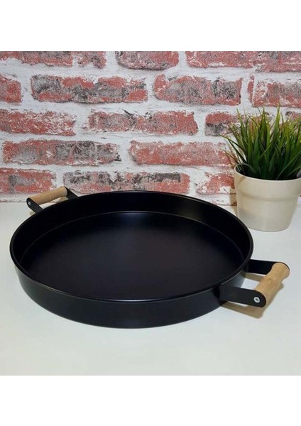 Ahşap Kulplu Kalın Galveniz Metal Yapım Yuvarlak Tepsi 36 cm Siyah fiyatları
