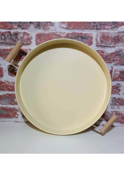 Ahşap Kulplu Kalın Galveniz Metal Yapım Yuvarlak Tepsi 36 cm Krem