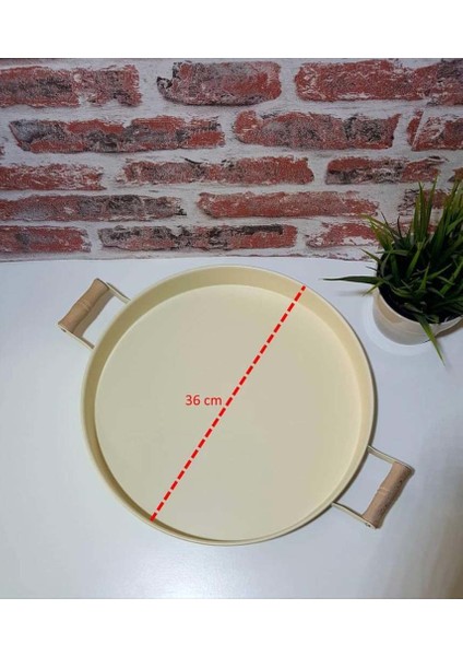 Ahşap Kulplu Kalın Galveniz Metal Yapım Yuvarlak Tepsi 36 cm Krem modelleri