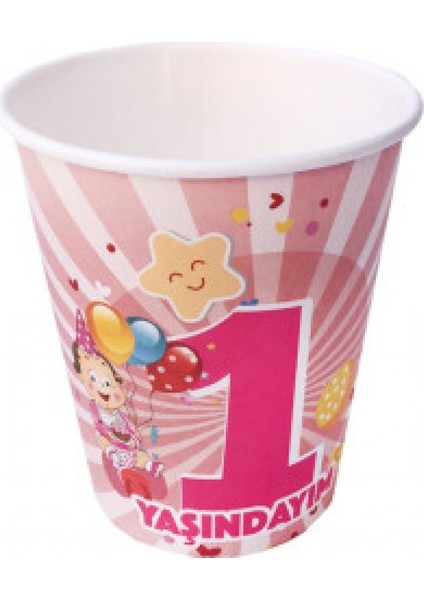 Bardak Karton 1 Yaşındayım Pembe 8oz Pk:8