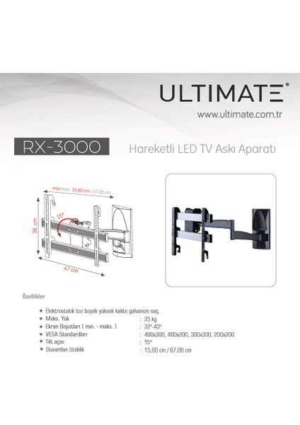 ULTIMATE RX-3000 32"- 43" Hareketli TV Askı Aparatı