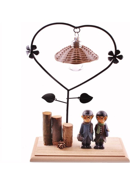 Pilli Işıklı Romantik Çift Tema Büyük Boy Dekoratif Ahşap Biblo