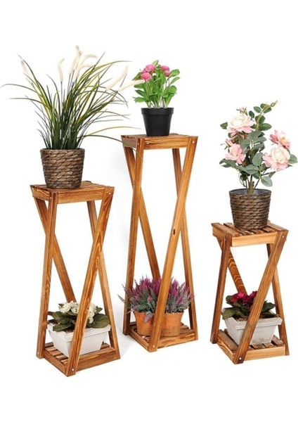 Ahşap 3lü Takım Saksılık Çiçeklik 3 Boy Balkon Saksılık Salon Çiçeklik