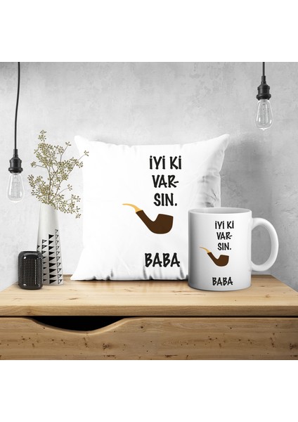 3554 Kişiye Özel İsimli Babalar Günü İyi Ki Varsın Baskılı Kupa ve Yastık Kılıfı Seti