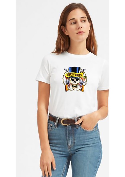 Guns'n Roses Kuru Kafa Gül Baskılı Beyaz Kadın Tshirt