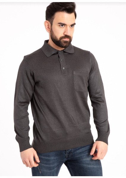 Erkek Düğmeli Ince Polo Yaka Yün Kazak