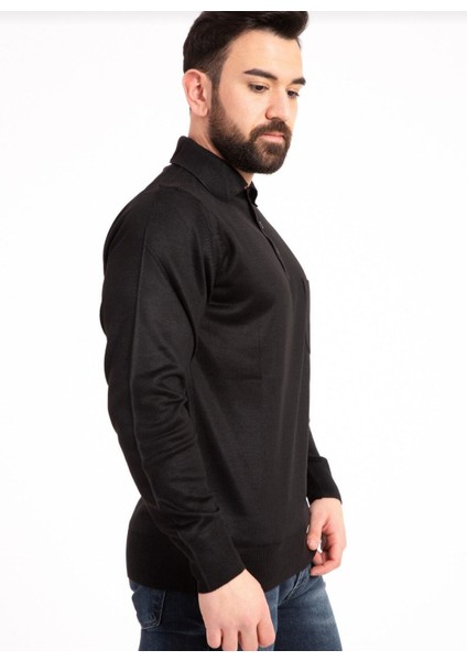 Erkek Düğmeli Ince Polo Yaka Yün Kazak