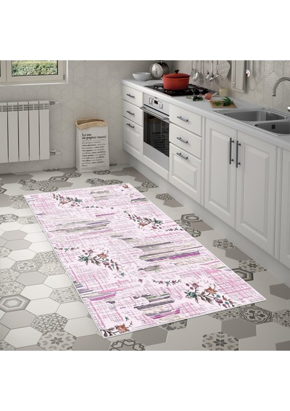 Alanur Trend Kaymaz Keçe Tabanlı Yıkanabilir Mutfak Halısı MU105 Pembe