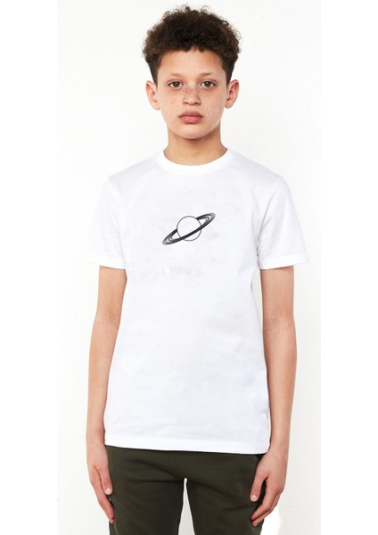 Gezegen Satürn Beyaz ve Beyaz Jüpiter Baskılı Çocuk Beyaz Tshirt