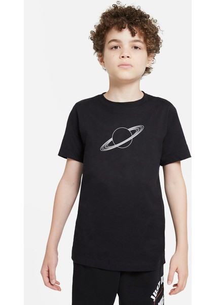 Gezegen Satürn Siyah ve Siyah Jüpiter Baskılı Çocuk Siyah Tshirt