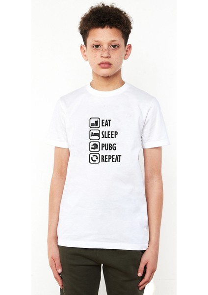 Pubg Eat Sleep Pubg Repeat Baskılı Unisex Çocuk Beyaz Tshirt