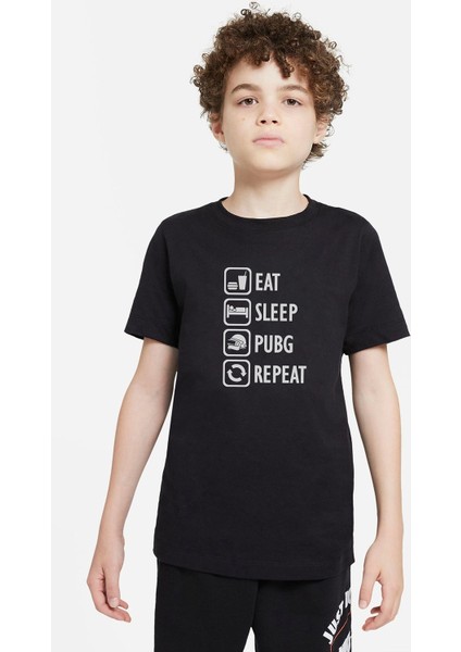Pubg Eat Sleep Pubg Repeat Baskılı Unisex Çocuk Siyah Tshirt