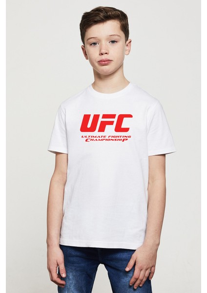 Ufc Logo Baskılı Unisex Çocuk Beyaz Tshirt