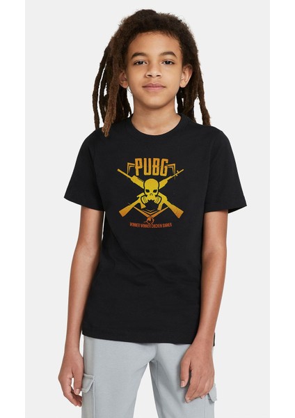 Pubg Kurukafa Sarı Baskılı Unisex Çocuk Siyah Tshirt