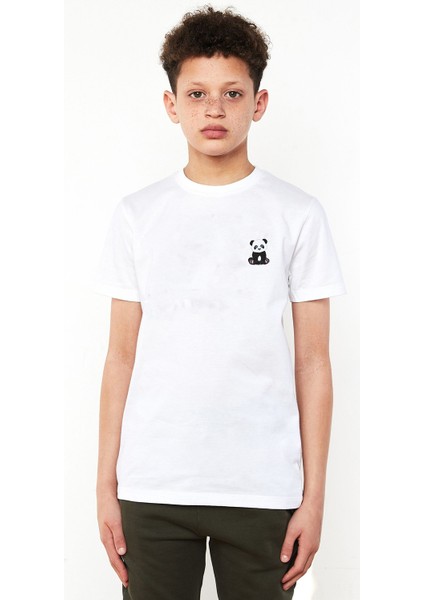 Panda Göğüs Baskılı Unisex Çocuk Beyaz Tshirt