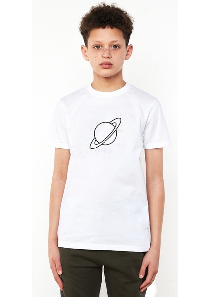 Satürn Logo Baskılı Çocuk Beyaz Tshirt