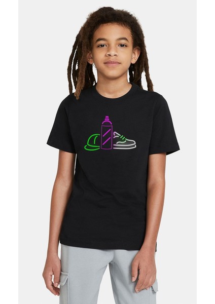 Grafitti Neon Light Baskılı Unisex Çocuk Siyah Tshirt