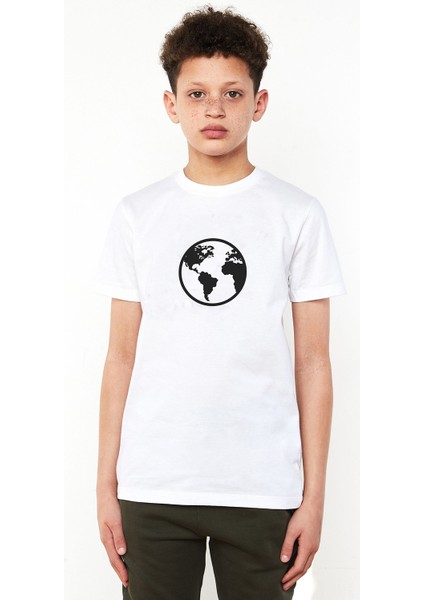 Silhouette Earth Icon Baskılı Çocuk Beyaz Tshirt
