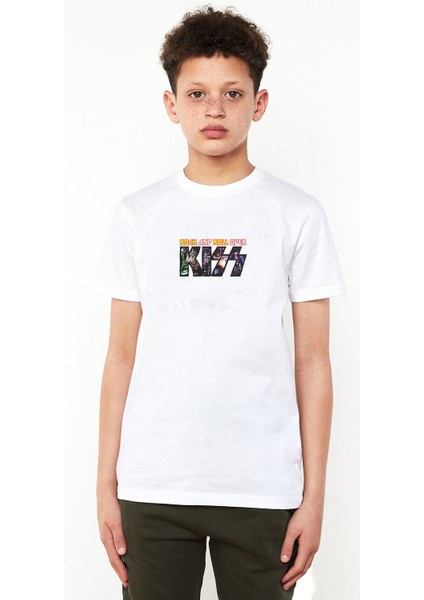 Kiss Rock And Roll Over Müzik Topluluğu Öpücük Baskılı Çocuk Beyaz Tshirt