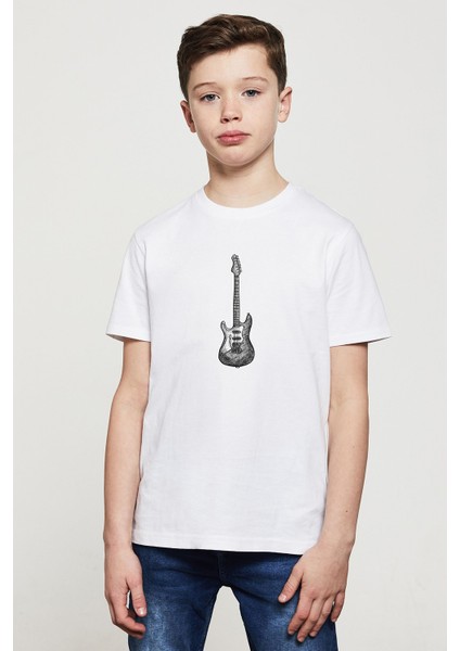 Drawing Elektro Guitar Red Baskılı Çocuk Beyaz Tshirt