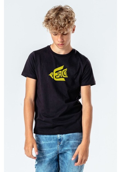 Peace Sarı Baskılı Çocuk Siyah Tshirt