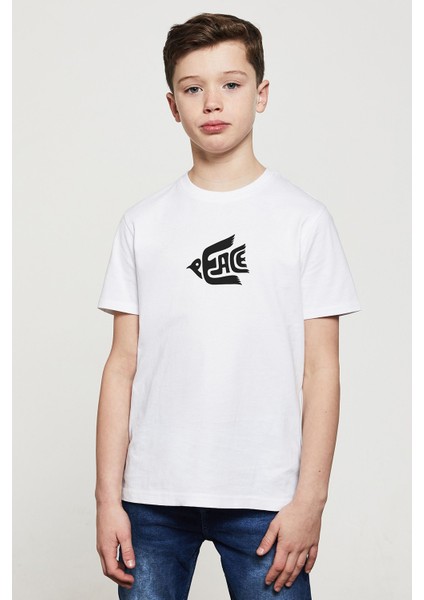 Peace Güvercin Baskılı Çocuk Beyaz Tshirt