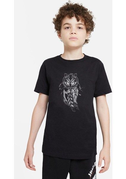 Dreamcatcher Wolf Düş Kapanı Kurt Baskılı Çocuk Siyah T-Shirt