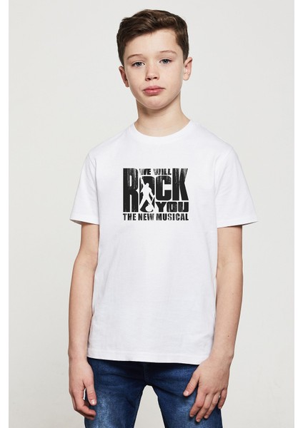 Queen We Will Rock You Baskılı Çocuk Beyaz Tshirt